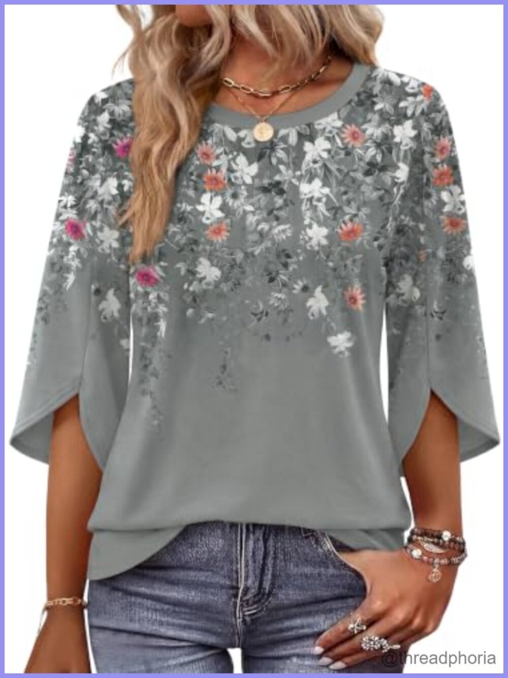 Womens Tunic Top 3/4 Sleeve Petal Sleeve Crew Neck Blouse